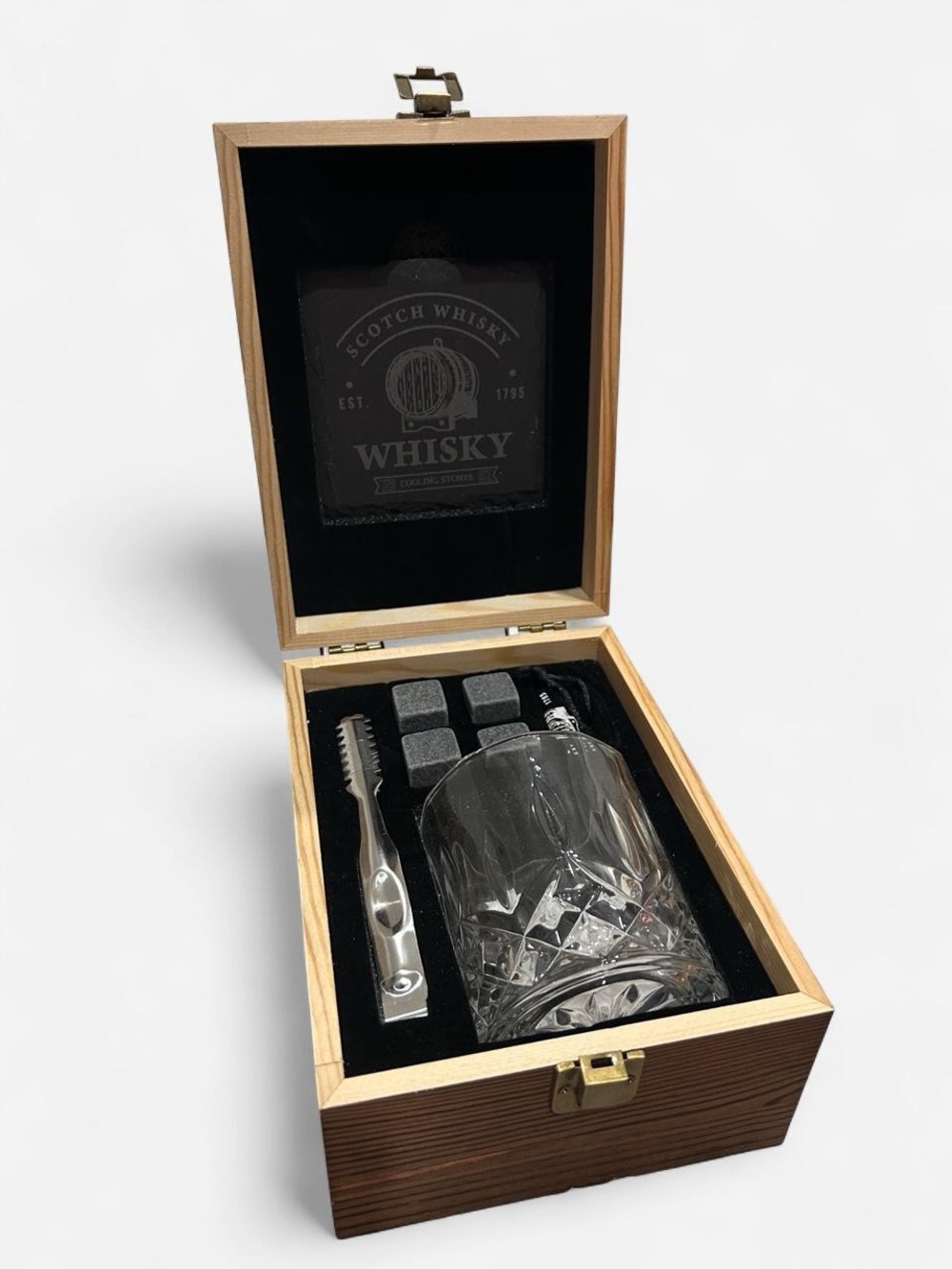 Whisky Gift Set with Glass & Stones - Brown Wood Box